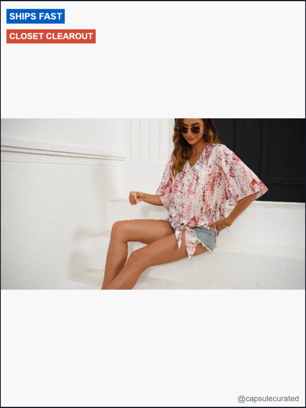V Neck Tie Front Bell Sleeve Blouse Flowy Boho Summer Top - Picture 5 of 7